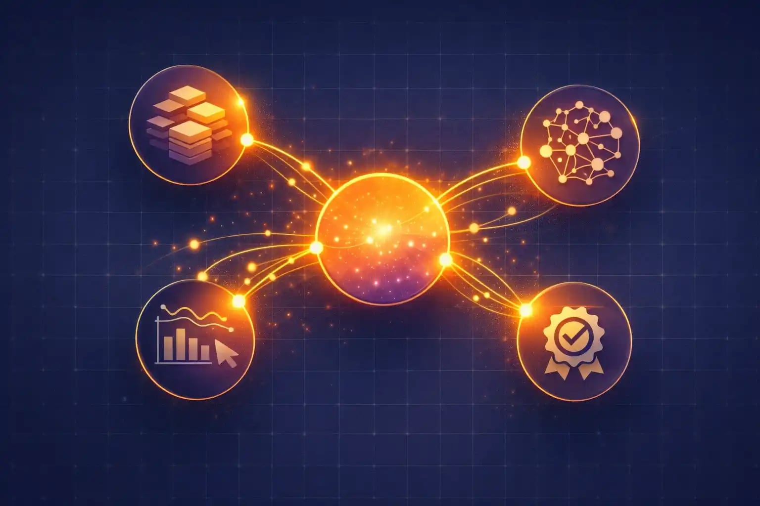 Abstract diagram showing four key AI search ranking factors including content depth, natural language processing signals, user experience metrics, and E-E-A-T trustworthiness indicators connected by data pathways