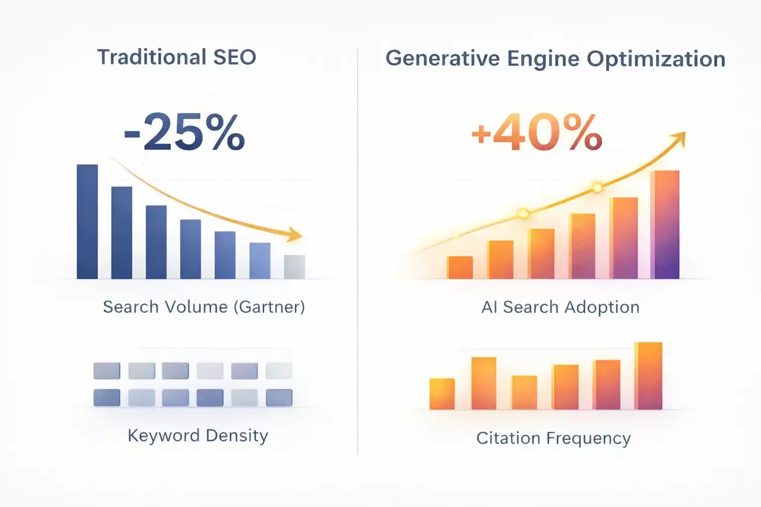 Professional data comparison chart showing traditional SEO declining 25% versus Generative Engine Optimization rising 40% with performance metrics and growth trajectories